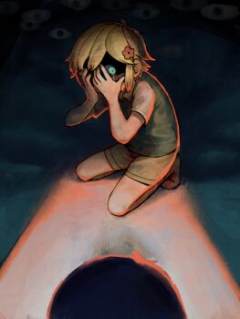 2boys antenna_hair basil_(faraway)_(omori) basil_(omori) black_hair blonde_hair blue_eyes brown_shorts collared_shirt covering_face crying crying_with_eyes_open flower gokun green_sweater_vest hair_flower hair_ornament highres kneeling looking_at_another male_focus multiple_boys omori scene_reference shirt short_hair short_sleeves shorts something_(omori) sunny_(omori) sweater_vest tears white_shirt