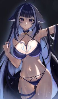 1girl absurdres ahoge bikini black_hair blue_bikini blue_collar blunt_bangs body_markings cetacean_tail collar criss-cross_halter dark_background facial_mark fins fish_tail gluteal_fold halterneck heart heart_ahoge heart_o-ring highres indie_virtual_youtuber long_hair looking_at_viewer multicolored_hair navel o-ring orca_girl purple_eyes shylily shylily_(bikini) solo streaked_hair swimsuit tail virtual_youtuber wet white_hair zen1zen3