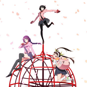 3girls :d album_cover anime_coloring arm_support backpack bag balancing_on_leg black_eyes black_footwear black_hair black_leggings black_necktie black_thighhighs blue_eyes blue_skirt blunt_bangs braid braided_ponytail breasts brown_eyes brown_hair character_backpack cherry_blossoms collar cover crossdressing crossdressing_(ftm) dot_nose falling_petals fang grey_necktie grey_skirt hachikuji_mayoi hand_up head_tilt headband highres jungle_gym leg_support leg_up leggings long_hair long_sleeves looking_at_viewer looking_back medium_eyebrows messy_hair monogatari_(series) multiple_girls naoetsu_high_school_uniform necktie no_pupils official_alternate_hair_color official_art open_mouth oshino_ougi outstretched_arms owarimonogatari parted_lips petals pink_bag pink_shirt pink_shoes pleated_skirt ponytail purple_hair red_collar red_trim school_uniform senjougahara_hitagi shirt shoes short_hair short_sleeves sidelocks simple_background sitting skin_fang skirt sleeves_past_fingers sleeves_past_wrists small_breasts smile socks spread_arms standing standing_on_one_leg thighhighs twintails v white_background white_headband white_shirt white_socks