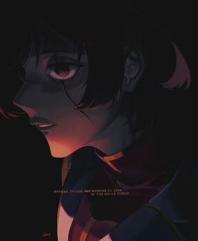 1girl absurdres aijou_karen artist_name black_background brown_eyes brown_hair commentary dark dim_lighting english_text facial_scar hair_between_eyes hair_ornament hairclip highres jacket ling_(chaaaaanhikari) looking_ahead official_alternate_costume one_side_up open_clothes open_jacket parted_lips portrait purple_shirt scar scar_across_eye scar_across_eyebrow scar_on_cheek scar_on_face scar_on_lip shirt short_hair shoujo_kageki_revue_starlight simple_background solo underlighting white_jacket