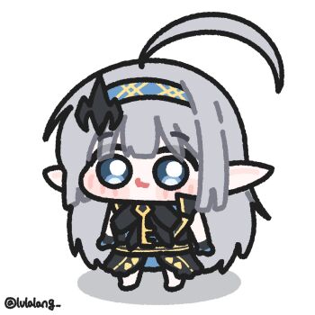 Rule 34 | 1girl, ahoge, black dress, blue eyes, blue hairband, chibi, chibi only, closed mouth, dress, female tyrant (stella sora), full body, grey hair, hair ornament, hairband, hashtag-only commentary, highres, huge ahoge, long hair, looking at viewer, lulalang, pointy ears, simple background, smile, solo, standing, stella sora, tyrant (stella sora), very long hair, white background