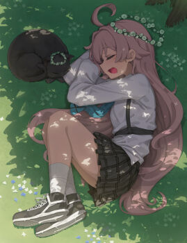 1girl absurdres ahoge aqua_necktie black_cat black_skirt blue_archive cat chest_harness csham drooling grass grey_shoes hair_flaps hair_intakes harness head_wreath highres hoshino_(blue_archive) intentionally_missing_halo legs_folded long_hair long_sleeves lying missing_halo necktie on_ground on_side open_mouth outdoors plaid_clothes plaid_skirt pleated_skirt school_uniform shade shirt shoes skirt sleeping sneakers socks very_long_hair white_shirt white_socks