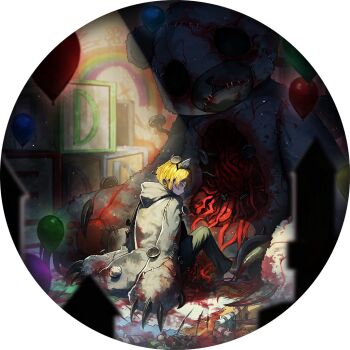 1boy alphabet_blocks animal_costume animal_hood balloon barefoot_slippers bear_costume bear_hood bear_tail blonde_hair blood blood_on_ground claws coat e.g.o_(project_moon) game_cg grey_coat grey_pants heart hex_nail_(e.g.o) hood hurting_teddy_bear impaled large_teddy_bear light_rays limbus_company male_focus missing_eye nai_ga nail_(hardware) official_art pants patchwork_clothes project_moon round_image short_hair sinclair_(project_moon) sitting slippers solo_focus stuffed_animal stuffed_toy tail teddy_bear third-party_source toy_block yellow_eyes