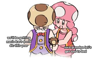 Rule 34 | 1boy, 1girl, bow, bowtie, braid, cane, closed eyes, dress, english text, facial hair, glasses, looking at another, mario (series), meme, mustache, nintendo, pink hair, short dress, toadette, toadsworth, twin braids, upper body, vest, white background