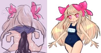 1boy 1girl ass bad_id blonde_hair buttjob chaos_marie_(grimms_notes) from_behind grimms_notes long_hair old_school_swimsuit pink_eyes pov protected_link school_swimsuit shokushuq solo_focus swimsuit