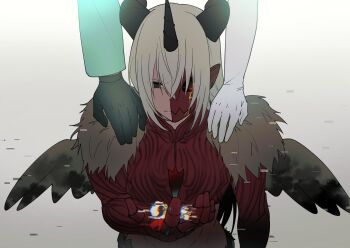 Rule 34 | 1girl, 2boys, aegiochusmon, aegiomon, armor, black horns, digimon, digimon (creature), digimon story: time stranger, feathered wings, glitch, goat boy, grey background, grey hair, half mask, hand on another's shoulder, horns, long hair, male focus, mask, multiple boys, red armor, red mask, solo focus, upper body, wings, yuu (pixiv3042074), yuuki dan, yuuki kanan