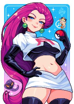1girl absurdres arbok artist_name aseprite_(medium) black_boots black_gloves blue_eyes boots border breasts closed_mouth commentary cowboy_shot crop_top earrings elbow_gloves english_commentary gen_1_pokemon gloves gradient_background hand_on_own_hip highres holding holding_poke_ball jessie_(pokemon) jewelry large_breasts long_hair looking_at_viewer meowth midriff navel nintendo pink_hair pixel_art poke_ball pokemon pokemon_(anime) pokemon_(creature) skirt smile snake sparkle sphere_earrings team_rocket team_rocket_uniform thick_thighs thigh_boots thighhighs thighs very_long_hair white_border white_skirt yumykon zettai_ryouiki