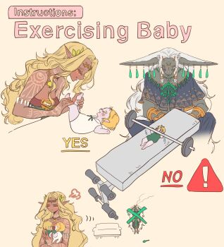 Rule 34 | 2boys, 2girls, armlet, baby, bare shoulders, bench press, blonde hair, blush, body markings, breasts, carrying, carrying baby, carrying person, circlet, cleavage, closed eyes, dark-skinned female, dark skin, dress, earrings, exercising, furrowed brow, goat boy, hair ornament, highres, holding another's legs, jewelry, leaf hair ornament, medium breasts, multiple boys, multiple earrings, multiple girls, nintendo, no, open mouth, parted bangs, parted lips, rauru (tears of the kingdom), seusojeldaleul-wihaejug-eum, sidelocks, sleeveless, sleeveless dress, smile, sonia (zelda), the legend of zelda, the legend of zelda: tears of the kingdom, white hair, yes
