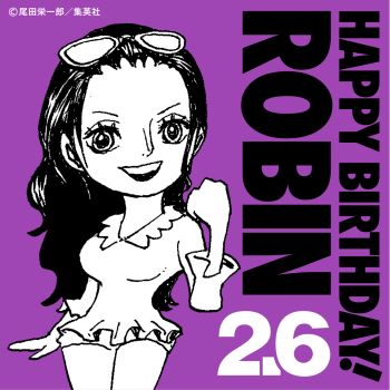 Rule 34 | !, 1girl, birthday, breasts, chibi, clenched hand, dated, english text, greyscale with colored background, happy birthday, long hair, monochrome, nico robin, oda eiichirou, official art, one piece, open mouth, purple background, smile, wide hips