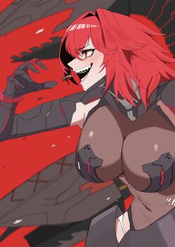 1girl arm_armor armor armored_bodysuit barabara_49 black_armor bodysuit breasts brown_bodysuit bullet commentary cowboy_shot from_side glint goddess_of_victory:_nikke hair_intakes highres large_breasts long_hair mechanical_tail nihilister_(nikke) open_mouth profile red_background red_eyes red_hair sharp_teeth simple_background smile solo standing tail teeth vapaus_bullet