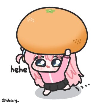 1girl :3 arms_up black_skirt blue_eyes bocchi_the_rock! carrying_overhead chibi chibi_only closed_mouth commentary english_commentary food fruit full_body gotoh_hitori highres jacket long_hair looking_at_viewer lulalang mandarin_orange one_side_up oversized_food oversized_object pink_hair pink_jacket running simple_background skirt smile solo twitter_username white_background