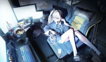 1girl absurdres blonde_hair blue_nails blue_necktie blue_skirt can cellphone chair charger chips_(food) commentary computer_keyboard computer_mouse drink_can ear_piercing food gaming_chair hair_between_eyes highres indoors long_hair loose_necktie mechanical_pencil monitor multiple_monitors necktie original pencil phone piercing playstation_controller potato_chips school_uniform side_ponytail sitting skirt smartphone socks soda_can solo sowats swivel_chair tongue tongue_out vertical_monitor video_camera white_socks yellow_eyes