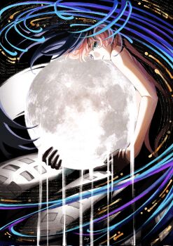 1girl bare_arms black_background black_hands black_veil blue_eyes blue_veil colored_extremities full_moon highres holding_moon ling_(chaaaaanhikari) long_hair moon nautika_(reverse:1999) pink_hair profile reverse:1999 solo two-tone_veil upper_body veil