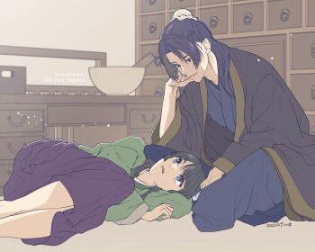 Rule 34 | 1boy, 1girl, beads, blue eyes, blue robe, bun cover, commentary request, dated, feet out of frame, freckles, green hair, green shirt, hair beads, hair bun, hair ornament, hair over shoulder, head on hand, highres, indoors, jinshi (kusuriya no hitorigoto), kusuriya no hitorigoto, lap pillow, long skirt, looking at another, maomao (kusuriya no hitorigoto), mortar (bowl), parted bangs, parted lips, pestle, pink eyes, purple hair, red skirt, robe, shirt, sitting, skirt, smile, takehide, twitter username