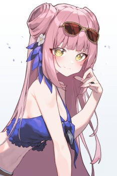 Rule 34 | 1girl, absurdres, arknights, bare arms, bare shoulders, beudelb, bikini, blue bikini, blunt bangs, breasts, ceylon (arknights), cleavage, closed mouth, double bun, eyewear on head, flower, frilled bikini, frills, from side, grey background, hair bun, hair flower, hair ornament, hand up, highres, leaning forward, long hair, looking at viewer, looking to the side, medium breasts, nail polish, navel, pink hair, pink nails, smile, solo, sunglasses, swimsuit, upper body, very long hair, white flower, yellow eyes
