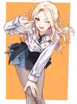 Rule 34 | 1girl, black necktie, black overskirt, blonde hair, blue skirt, blush, breasts, brown pantyhose, buttons, commentary, double-breasted, feet out of frame, gakuen idolmaster, hand on own knee, highres, idolmaster, index finger raised, jacket, juo sena, leaning forward, long hair, long sleeves, looking at viewer, miniskirt, necktie, one eye closed, open mouth, orange background, pantyhose, parted bangs, pointing, pointing at self, purple eyes, revision, shirt, simple background, skirt, small breasts, smile, solo, standing, v-shaped eyebrows, white jacket, white shirt, yukitake (bullfalk)