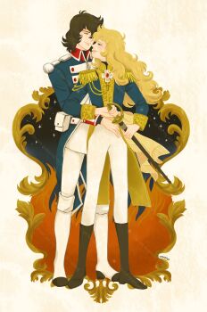 1boy 1girl andre_grandier blonde_hair blue_jacket brown_hair closed_eyes epaulettes epee full_body highres holding holding_sword holding_weapon hug hug_from_behind jacket long_hair messy_hair military_uniform minio320m oscar_francois_de_jarjayes panties short_hair smile standing sword underwear versailles_no_bara weapon white_panties