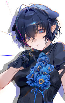 1girl absurdres black_choker black_dress black_gloves black_hair blue_flower blue_pupils choker dress flower gloves grey_eyes highres hololive hololive_english looking_at_viewer meconopsis_(ninomae_ina&#039;nis) mole mole_under_eye ninomae_ina&#039;nis official_alternate_costume official_alternate_hairstyle pointy_ears shibuya_(kurokamishain) short_hair simple_background solo tentacle_hair virtual_youtuber white_background