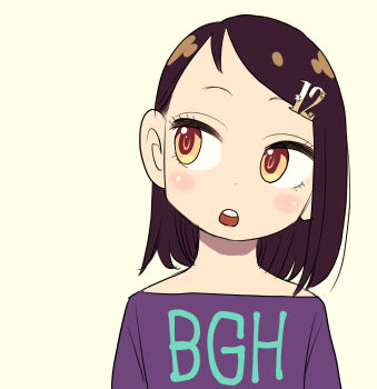 1girl becky_blackbell brown_eyes brown_hair commentary_request endou_tatsuya hair_down head_tilt highres looking_to_the_side number_hair_ornament purple_shirt shirt solo spy_x_family upper_body