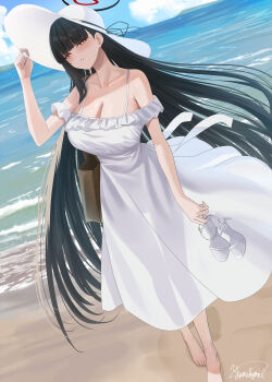 1girl absurdres bare_shoulders barefoot beach black_hair blue_archive blush breasts cleavage collarbone dress full_body hair_ornament hairclip halo hat highres holding holding_shoes holding_unworn_clothes large_breasts long_hair looking_at_viewer off_shoulder red_eyes rio_(blue_archive) shoes shore solo sun_hat unworn_shoes very_long_hair white_dress white_hat yamikyon