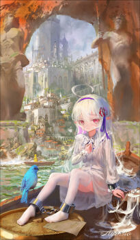 1girl ahoge ankle_cuffs arm_support arm_up ayaxno bird blue_bird boat building buttons city closed_mouth cuffs day double-breasted dress from_side grey_hair hair_between_eyes highres loli long_hair long_sleeves looking_at_viewer no_shoes original outdoors pointy_ears raincoat red_eyes scenery shackles signature sitting statue teardrop thighhighs very_long_hair water watercraft white_dress white_thighhighs wide_shot yellow_raincoat