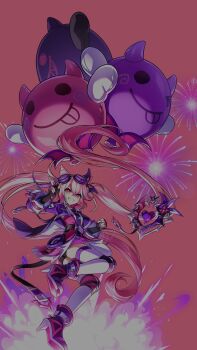 1girl balloon black_boots black_gloves boots cone_hair_bun cropped_jacket dot_nose double_bun dress elsword explosion eyelashes fingerless_gloves fireworks floating_clothes floating_hair full_body gloves goggles goggles_on_head gradient_hair grin hair_between_eyes hair_bun hand_on_own_head happy heart high_heel_boots high_heels highres holding holding_balloon hwansang jacket knee_pads laby_(elsword) long_hair long_sleeves looking_at_viewer multicolored_hair official_art oversized_object pink_background pink_dress pink_eyes pink_hair purple-framed_eyewear purple-tinted_eyewear purple_jacket round_eyewear second-party_source short_dress simple_background smile solo thighhighs tinted_eyewear twintails very_long_hair white_thighhighs