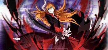 2021 aura bankai bleach bleach:_brave_souls collarbone colored_skin floating_hair fur-trimmed_collar fur-trimmed_sleeves fur_trim half_mask holding holding_sword holding_weapon hollow_ichigo horns japanese_clothes kurosaki_ichigo long_hair looking_at_viewer mask official_art orange_hair pale_skin shihakusho single_horn sword tensa_zangetsu_(bankai) weapon zanpakutou
