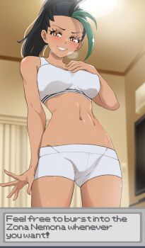 1girl absurdres assertive_female black_hair blush boxer_briefs breasts commission commissioner_upload covered_erect_nipples cowlick dialogue_box eiko_(ecchihunter) english_text gluteal_fold green_hair grey_sports_bra heavy_breathing highres hip_bones indoors looking_at_viewer male_underwear midriff multicolored_hair naughty_face navel nemona_(pokemon) nintendo pokemon pokemon_sv ponytail pussy seductive_smile shorts smile solo sports_bra sportswear standing sweat two-tone_hair underwear underwear_only