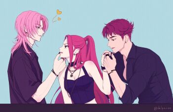 Rule 34 | 1girl, 2boys, abby (kpop demon hunters), black nails, black shirt, blue background, bracelet, choker, collared shirt, commentary, crop top, delparon, earrings, grabbing another's hand, heart, jewelry, korean commentary, kpop demon hunters, long hair, mira (kpop demon hunters), multiple boys, necklace, pink eyes, pink hair, profile, ring, romance (kpop demon hunters), shirt, sidelocks, twintails, twitter username