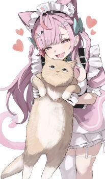 1girl ahoge animal animal_ears aqua_bow aqua_ribbon bell belt blue_ribbon blush bow braid breasts cat cat_ears cat_girl cat_hair_ornament cat_tail commentary dress extra_ears garter_straps gloves hair_bow hair_ornament hairclip hashtag-only_commentary heart heart_print highres hitsujisnow holding holding_animal holding_cat indie_virtual_youtuber jingle_bell large_breasts long_hair looking_up maid maid_headdress muchao_(yuuki_sakuna) neck_bell neck_ribbon open_mouth paw_print pink_dress pink_eyes pink_hair pink_tail ribbon short_sleeves simple_background single_garter_strap single_thighhigh smile star_(symbol) star_hair_ornament suspenders tail tail_ornament tail_ribbon thigh_belt thigh_strap thighhighs thighs two_side_up virtual_youtuber white_background white_belt white_dress white_garter_straps white_gloves white_thighhighs yellow_cat yuuki_sakuna yuuki_sakuna_(3rd_costume)