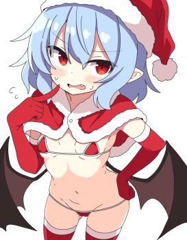 1girl absurdres bat_wings bikini blue_hair blush breasts capelet cowboy_shot elbow_gloves embarrassed fang flying_sweatdrops fur_trim gloves hat highres korra_down loli looking_at_viewer medium_hair micro_bikini open_mouth petite red_capelet red_eyes red_gloves red_thighhighs remilia_scarlet santa_bikini santa_costume santa_hat simple_background slit_pupils small_breasts solo swimsuit thighhighs touhou white_background wings