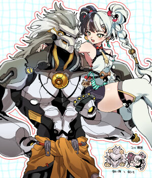 1boy 1girl aqua_nails artificial_eye banyue_(zenless_zone_zero) bare_shoulders black_hair black_shorts blush braid braided_twintails carrying checkered_background chibi child_carry china_dress chinese_clothes closed_eyes clothed_robot clothes_around_waist commentary_request corded_phone detached_sleeves dialyn_(zenless_zone_zero) double_bun dress earrings grey_hair hair_bun hair_extensions hair_ornament hairclip hand_on_another&#039;s_shoulder highres humanoid_robot jewelry long_hair looking_at_another mechanical_eye mechanical_hands metal_skin multicolored_hair multicolored_nails necktie open_mouth orb outline panda_hair_ornament phone red_nails ring_hair_extensions robot robot_boy shorts sososokikaku split-color_hair thighhighs translation_request white_background white_hair white_outline white_thighhighs yellow_necktie zenless_zone_zero