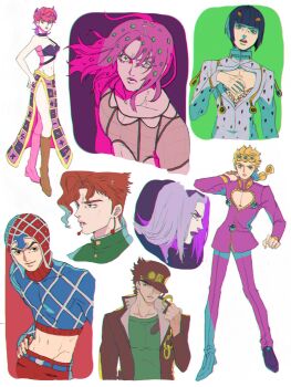 1girl 6+boys black_hair blonde_hair blunt_bangs bob_cut boots braid braided_ponytail bruno_bucciarati chain commentary_request crop_top diavolo earrings full_body gakuran giorno_giovanna green_shirt guido_mista hat highres jacket jewelry jojo_no_kimyou_na_bouken kakyoin_noriaki kuujou_joutarou leone_abbacchio looking_at_viewer love1loooomy medium_hair multiple_boys orange_hair pants pink_hair pink_jacket pink_pants purple_lips school_uniform shirt short_hair side_slit trish_una