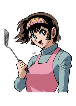 1girl 2025 apron blue_eyes blue_sweater brown_hair dated getter_robo getter_robo_(classic) hairband highres holding holding_spatula looking_at_viewer miroku_(miroku_t) open_mouth pink_apron saotome_michiru short_hair smile solo spatula sweater