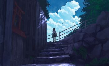 1girl bag black_hair black_skirt bush cloud cumulonimbus_cloud day gensuke_(ryun) highres medium_hair original outdoors scenery school_bag school_uniform serafuku shade simple_bird skirt solo stairs
