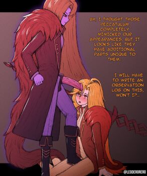 1futa 1girl ahoge black_coat blonde_hair blush closed_mouth coat don_quixote_(project_moon) english_text feather_boa futa_with_female futanari grey_background highres jacket kneeling lance leoderorero limbus_company long_hair long_sleeves looking_at_penis open_mouth parted_bangs polearm precum project_moon red_eyes sancho_(project_moon) selfcest shirt simple_background slit_pupils smile standing tongue twitter_username uncensored weapon