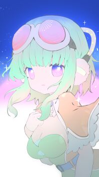 1girl absurdres alternate_eye_color belt belt_buckle blue_belt breast_suppress breasts buckle cleavage commentary dress english_commentary eyebrows_hidden_by_hair goggles goggles_on_head green_dress green_hair gumi gumi_(ai_megpoid) gumi_(sv) headphones highres jacket kou_koufu looking_at_viewer medium_breasts no_lips open_clothes open_jacket orange_jacket parted_lips purple_eyes short_hair short_sleeves sidelocks solo sparkle star_(sky) star_(symbol) star_in_eye starry_sky_background strapless strapless_dress symbol_in_eye synthesizer_v upper_body vocaloid white_background wide_sleeves