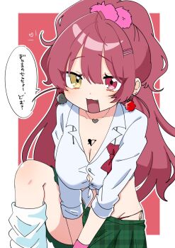 09hkr 1girl :3 alternate_costume breasts chest_tattoo cleavage commentary earrings fang green_skirt gyaru hair_between_eyes hair_ornament hairclip heart heart_necklace heart_tattoo heterochromia highres hololive houshou_marine jewelry large_breasts long_hair long_sleeves looking_at_viewer loose_socks miniskirt necklace open_mouth outline plaid_clothes plaid_skirt pom_pom_(clothes) pom_pom_earrings ponytail red_background red_eyes red_hair simple_background skirt sleeves_rolled_up socks solo tattoo translated unmoving_pattern v_arms very_long_hair virtual_youtuber white_outline wristband yellow_eyes