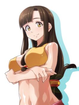 Rule 34 | 1girl, bikini, breasts, brown hair, cleavage, crossed arms, large breasts, long hair, looking at viewer, navel, saaya (suisei no gargantia), sarong, smile, solo, suisei no gargantia, swimsuit, toned, yellow bikini, yellow eyes