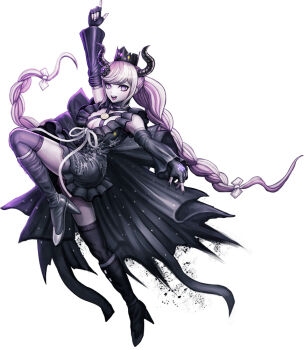 1girl arm_up black_boots black_dress black_gloves black_horns black_nails black_thighhighs boots braid breasts cleavage commentary_request crown dress fingerless_gloves foot_up full_body gloves high_heel_boots high_heels horns index_finger_raised knee_boots komatsuzaki_rui large_breasts long_hair long_sleeves looking_at_viewer master_detective_archives:_rain_code multicolored_hair nail_polish official_art open_mouth outstretched_arm pink_hair pointing pointing_up purple_eyes ribbon second-party_source shinigami_(rain_code) simple_background smile solo standing standing_on_one_leg thighhighs twin_braids two-tone_hair very_long_hair white_background white_hair white_ribbon