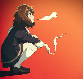 Rule 34 | 1girl, bakacirno, blush, brown eyes, brown hair, brown shirt, brown skirt, cigarette, commentary, from side, full body, gradient background, hand on own arm, hibike! euphonium, highres, holding, holding cigarette, kitauji high school uniform, kneehighs, loafers, long sleeves, medium hair, neckerchief, open mouth, orange background, oumae kumiko, pleated skirt, profile, red background, red neckerchief, sailor collar, school uniform, serafuku, shadow, shirt, shoes, short hair, skirt, smoke, smoking, socks, solo, squatting, wavy hair, white sailor collar, white socks