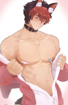 1boy abs animal_ear_piercing animal_ears bandaid bandaids_on_nipples black_choker choker cock_ring commentary_request dog_boy dog_ears dog_tail fox_anmian highres jacket komano_manato male_focus muscular muscular_male pasties pectorals red_hair red_jacket scar scar_on_chest sex_toy tail yaoi zenless_zone_zero