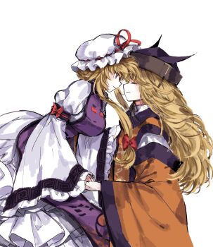 2girls blonde_hair bow closed_eyes hair_bow hat hat_ribbon highres holding_hands matara_okina mob_cap multiple_girls profile purple_eyes red_bow revision ribbon sidelocks simple_background tabard touhou trigram white_background white_sleeves wide_sleeves yakumo_yukari yin_yang yin_yang_print yuki15775 yuri