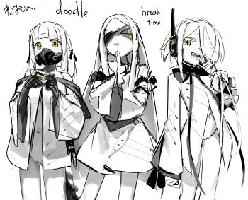 3girls absurdres blue_archive colored_skin commentary_request dress ein_(blue_archive) english_text extra_pupils hair_over_one_eye hdk_moon highres loli long_sleeves looking_at_viewer multiple_girls navel ohr_(blue_archive) open_mouth pussy robot_girl simple_background sof_(blue_archive) symbol-shaped_pupils teeth upper_teeth_only white_dress white_hair white_skin yellow_eyes