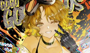 Rule 34 | 1girl, black choker, blonde hair, choker, collarbone, eyelashes, eyewear on head, freckles, grey eyes, happy, highres, looking at viewer, mechanical hands, medium hair, mole, mole under eye, one eye closed, open mouth, original, parted bangs, solo, totomong, upper body