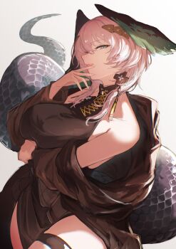 1girl :d absurdres aqua_eyes aqua_feathers aqua_wings arknights arm_under_breasts bare_arms bare_shoulders black_coat black_dress black_feathers black_robe black_scales black_tail black_wings breasts clenched_hand clothing_cutout coat coat_partially_removed commentary cowboy_shot cross-laced_clothes cross-laced_dress curvy double-parted_bangs dress earrings feathered_wings feathers fingernails gradient_feathers gradient_wings grey_hair hair_between_eyes hair_ornament hair_over_shoulder half-closed_eyes halter_dress halterneck hand_on_own_chin hand_up head_tilt head_wings highres ho&#039;olheyak_(arknights) ho&#039;olheyak_(ritual_of_immortality)_(arknights) jewelry large_breasts long_coat long_dress long_sidelocks long_sleeves long_tail looking_at_viewer mature_female medium_hair multicolored_wings no_ears nose off_shoulder official_alternate_costume open_clothes open_coat open_mouth pale_skin parted_lips raised_eyebrows robe sakikov side_slit sidelocks simple_background skindentation sleeveless sleeveless_dress slit_pupils smile snake_girl snake_tail solo standing tail tail_through_clothes teeth thick_thighs thigh_strap thighs two-tone_feathers two-tone_wings upper_teeth_only very_long_tail wavy_hair white_background wings