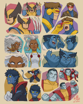 1girl 4boys animification black_bodysuit blue_bodysuit blue_hair blue_skin bodysuit brown_hair claws colored_skin colossus_(x-men) cyclops_(x-men) dark-skinned_female dark_skin deadpool demon_tail doodles earrings facial_hair gloves goatee jewelry lightning_bolt_earrings lightning_bolt_symbol long_hair marvel mask mohawk multicolored_bodysuit multiple_boys muscular muscular_male nightcrawler no_pupils open_mouth pointy_ears red_bodysuit red_mask ry-spirit short_hair smile storm_(x-men) superhero_costume tail tears two-tone_bodysuit white_eyes white_hair wolverine_(x-men) x-men yellow_eyes yellow_gloves