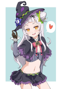 1girl adjusting_clothes adjusting_headwear arched_bangs black_capelet black_gloves black_hat black_skirt blush bow bowtie bright_pupils brooch capelet commentary_request cone_hair_bun contrapposto cropped_shirt fang gloves grey_hair grey_shirt groin hair_bun hairband hand_on_headwear haniwa_(leaf_garden) hat heart hexagram_hair_ornament highres hololive jewelry layered_capelet linea_alba long_hair long_sidelocks long_sleeves looking_at_viewer lowleg lowleg_skirt microskirt midriff murasaki_shion murasaki_shion_(1st_costume) navel open_mouth outside_border pink_bow pink_bowtie purple_capelet shirt short_eyebrows side_up_bun sidelocks single_side_bun skirt smug solo spoken_heart striped_clothes striped_shirt tilted_headwear v-shaped_eyebrows vertical-striped_clothes vertical-striped_shirt virtual_youtuber white_pupils witch witch_hat yellow_eyes