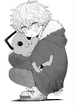 1boy :3 aged_down blush chainsaw_man child coat commentary_request denji_(chainsaw_man) fangs full_body fur-trimmed_hood fur_trim greyscale hair_between_eyes highres hood hood_down hooded_coat hug looking_to_the_side male_focus monochrome msntjo pants pochita_(chainsaw_man) shoelaces shoes short_hair simple_background sneakers squatting sweatdrop watermark white_background