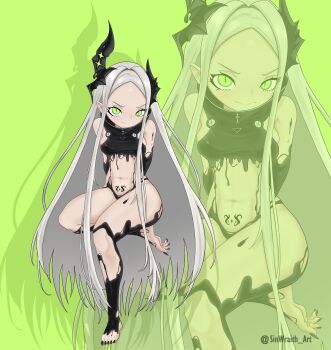 1girl absurdres arms_behind_back bare_shoulders barefoot black_horns black_liquid black_nails breasts forehead goddess_of_victory:_nikke green_background green_eyes grey_hair highres horns leviathan_(nikke) liquid_clothes long_hair looking_at_viewer navel pointy_ears pubic_tattoo sinwraith_art small_breasts tattoo thick_thighs thighs zoom_layer